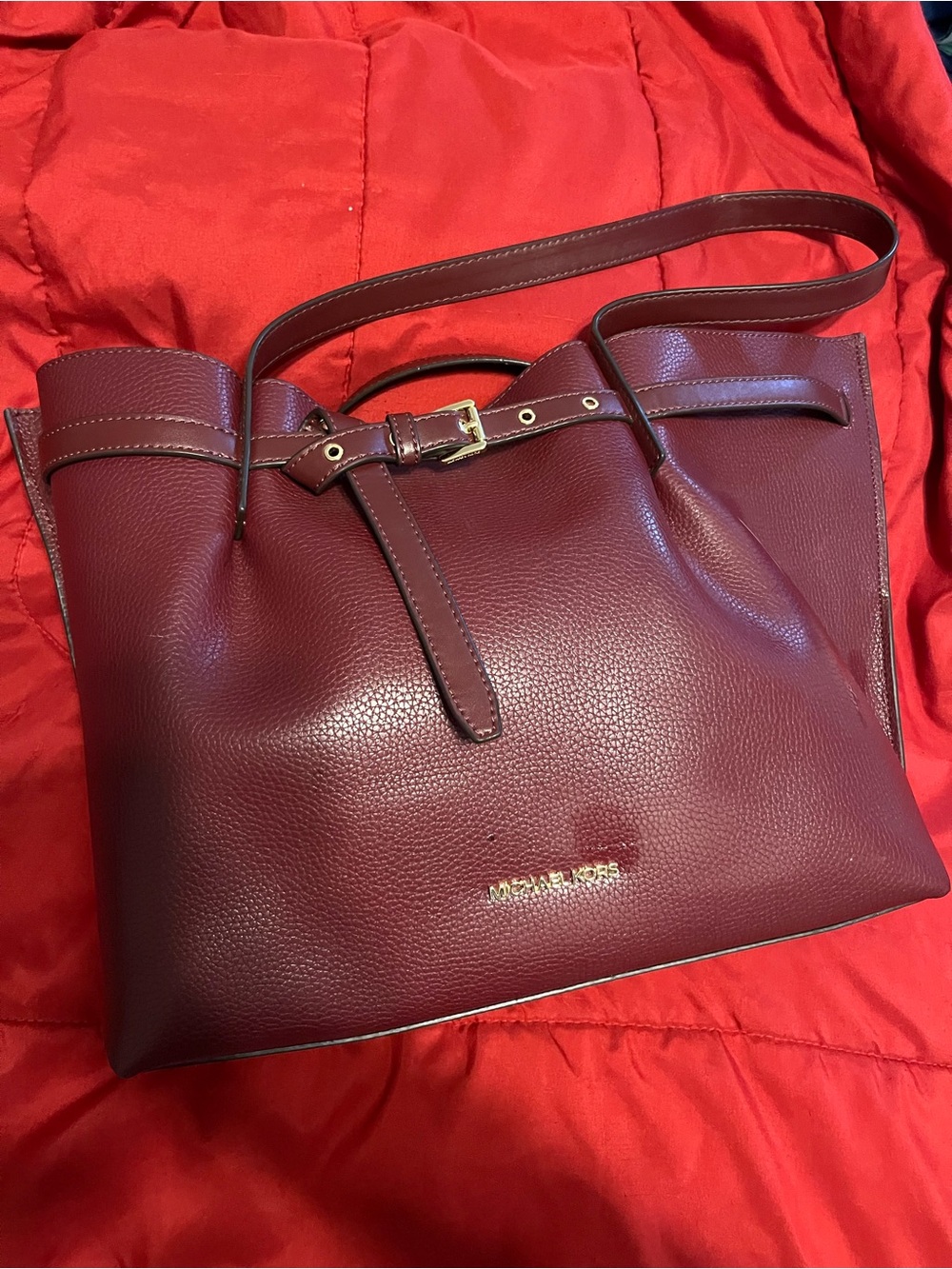 Michael Kors Wine Red Pebbled Leather Tote with Gold Logo